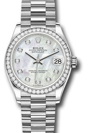 Rolex White Gold Datejust 31 Watch - Diamond Bezel - Mother-Of-Pearl Diamond Dial - President Bracelet - 278289RBR mdp