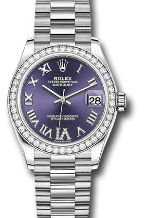 Rolex White Gold Datejust 31 Watch - Diamond Bezel - Aubergine Diamond Roman Dial - President Bracelet - 278289rbr aubdr6p