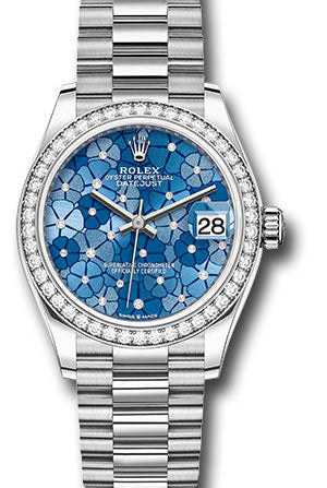 Rolex White Gold Datejust 31 Watch - Diamond Bezel - Azzurro Blue Floral Motif Diamond Dial - President Bracelet - 278289rbr