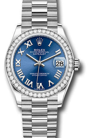 Rolex White Gold Datejust 31 Watch - Diamond Bezel - Bright Blue Roman Dial - President Bracelet - 278289rbr blrp