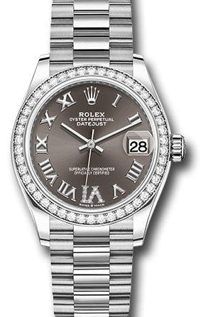 Rolex White Gold Datejust 31 Watch - Diamond Bezel - Dark Grey Diamond Roman Dial - President Bracelet - 278289rbr dkgdr6p