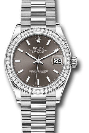 Rolex White Gold Datejust 31 Watch - Diamond Bezel - Dark Grey Index Dial - President Bracelet - 278289rbr dkgip