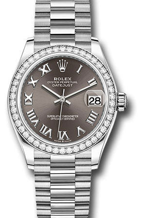 Rolex White Gold Datejust 31 Watch - Diamond Bezel - Dark Grey Roman Dial - President Bracelet - 278289rbr dkgrp