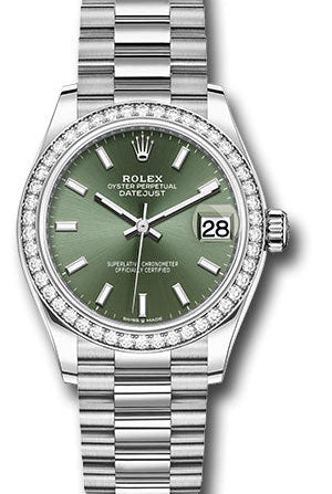 Rolex White Gold Datejust 31 Watch - Diamond Bezel - Mint Green Index Dial - President Bracelet - 278289rbr mgip