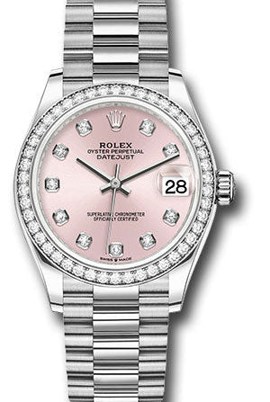 Rolex White Gold Datejust 31 Watch - Diamond Bezel - Pink Diamond Dial - President Bracelet - 278289rbr pdp