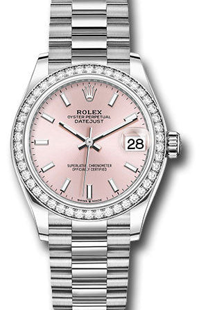 Rolex White Gold Datejust 31 Watch - Diamond Bezel - Pink Index Dial - President Bracelet - 278289rbr pip