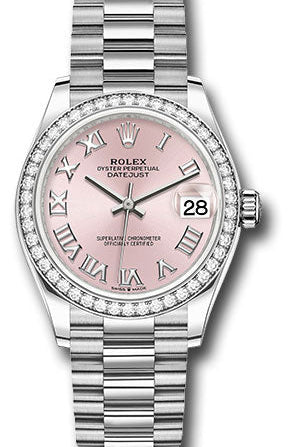 Rolex White Gold Datejust 31 Watch - Diamond Bezel - Pink Roman Dial - President Bracelet - 278289rbr prp