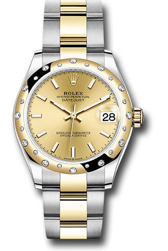 Rolex Steel and Yellow Gold Datejust 31 Watch - Domed Diamond Bezel - Champagne Index Dial - Oyster Bracelet - 278343 chio