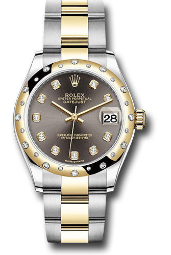 Rolex Steel and Yellow Gold Datejust 31 Watch - Domed Diamond Bezel - Dark Grey Diamond Dial - Oyster Bracelet - 278343 dkgdo