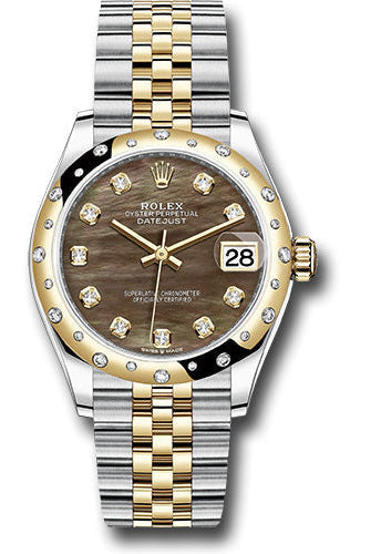 Rolex Steel and Yellow Gold Datejust 31 Watch - Domed Diamond Bezel - Dark Mother-of-Pearl Diamond Dial - Jubilee Bracelet - 278343 dkmdj