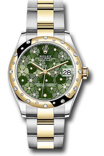 Rolex Yellow Rolesor Datejust 31 Watch - Domed, Diamond Bezel - Olive Green Floral Motif Diamond 6 Dial - Oyster Bracelet - 278343rbr ogflomdo