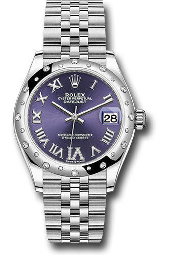 Rolex Steel and White Gold Datejust 31 Watch - Domed 24 Diamond Bezel - Aubergine Roman Diamond 6 Dial - Jubilee Bracelet - 278344RBR aubdr6j