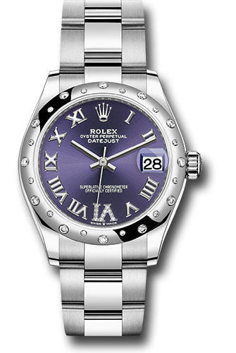 Rolex Steel and White Gold Datejust 31 Watch - Domed 24 Diamond Bezel - Aubergine Roman Diamond 6 Dial - Oyster Bracelet - 278344RBR aubdr6o
