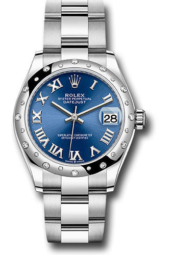 Rolex Steel and White Gold Datejust 31 Watch - Domed 24 Diamond Bezel - Blue Roman Dial - Oyster Bracelet - 2021 Release - 278344RBR blro