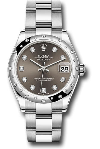 Rolex Steel and White Gold Datejust 31 Watch - Domed 24 Diamond Bezel - Dark Grey Diamond Dial - Oyster Bracelet - 278344RBR dkgdo