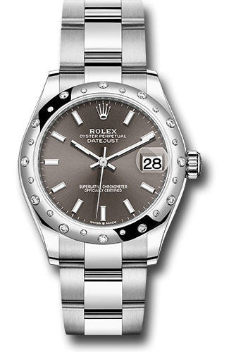 Rolex Steel and White Gold Datejust 31 Watch - Domed 24 Diamond Bezel - Dark Grey Index Dial - Oyster Bracelet - 278344RBR dkgio
