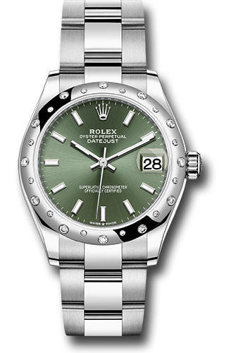 Rolex Steel and White Gold Datejust 31 Watch - Domed 24 Diamond Bezel - Mint Green Index Dial - Oyster Bracelet - 278344RBR mgio