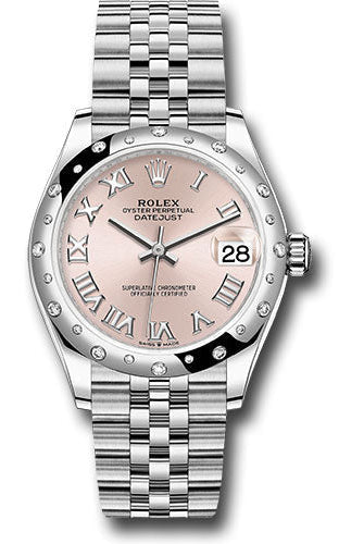 Rolex Steel and White Gold Datejust 31 Watch - Domed 24 Diamond Bezel - Pink Roman Dial - Jubilee Bracelet - 278344RBR prj