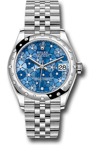 Rolex White Rolesor Datejust 31 Watch - Domed, Diamond Bezel - Azzurro Blue Floral Motif Diamond Dial - Jubilee Bracelet - 278344rbr azflomdj