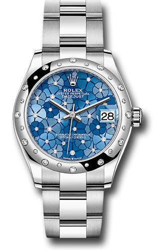 Rolex White Rolesor Datejust 31 Watch - Domed, Diamond Bezel - Azzurro Blue Floral Motif Diamond Dial - Oyster Bracelet - 278344rbr azflomdo