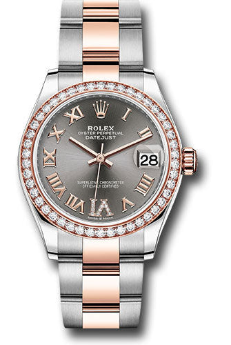 Rolex Steel and Everose Gold Datejust 31 Watch - 46 Diamond Bezel - Dark Rhodium Diamond Roman VI Dial - Oyster Bracelet -