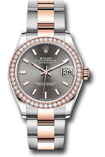 Rolex Steel and Everose Gold Datejust 31 Watch - 46 Diamond Bezel - Dark Rhodium Index Dial - Oyster Bracelet - 278381RBR