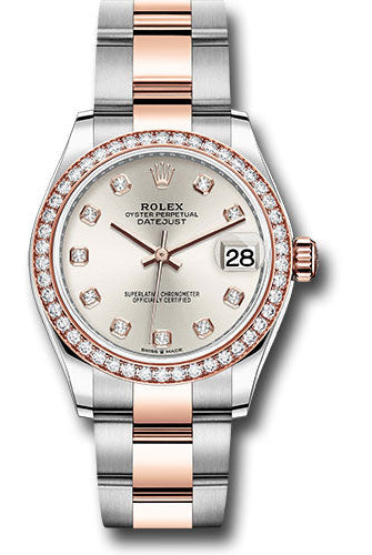 Rolex Steel and Everose Gold Datejust 31 Watch - 46 Diamond Bezel - Silver Diamond Dial - Oyster Bracelet - 278381RBR sdo