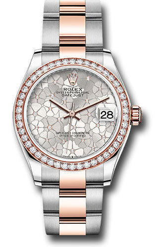 Rolex Everose Rolesor Datejust 31 Watch - Diamond Bezel - Silver Floral Motif Diamond Dial - Oyster Bracelet - 278381rbr