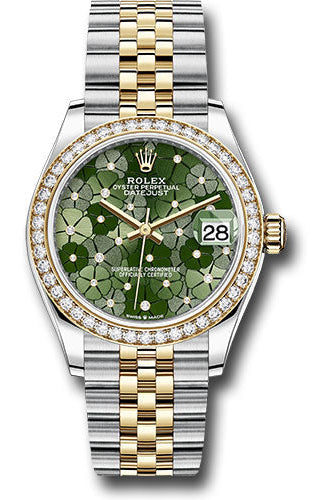 Rolex Yellow Rolesor Datejust 31 Watch - Diamond Bezel - Olive Green Floral Motif Diamond 6 Dial - Jubilee Bracelet -