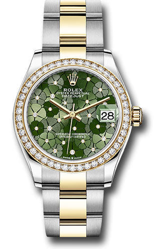 Rolex Yellow Rolesor Datejust 31 Watch - Diamond Bezel - Olive Green Floral Motif Diamond 6 Dial - Oyster Bracelet -