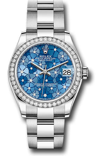 Rolex White Rolesor Datejust 31 Watch - Diamond Bezel - Azzurro Blue Floral Motif Diamond Dial - Oyster Bracelet - 278384rbr azflomdo