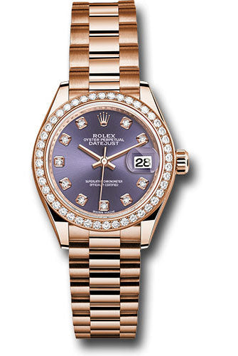 Rolex Everose Gold Lady-Datejust 28 Watch - 44 Diamond Bezel - Aubergine Diamond Dial - President Bracelet - 279135RBR adp