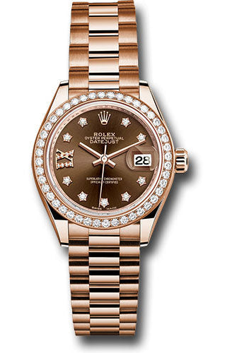 Rolex Everose Gold Lady-Datejust 28 Watch - 44 Diamond Bezel - Chocolate Diamond Star Dial - President Bracelet - 279135RBR