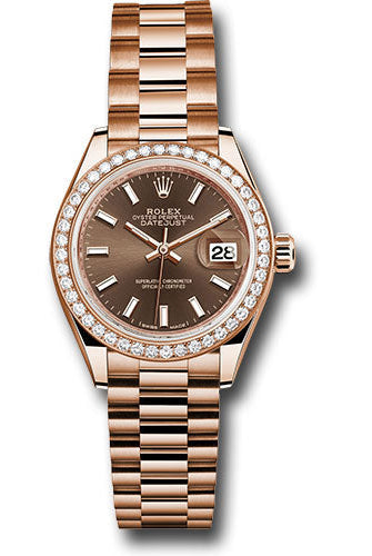 Rolex Everose Gold Lady-Datejust 28 Watch - 44 Diamond Bezel - Chocolate Index Dial - President Bracelet - 279135RBR choip
