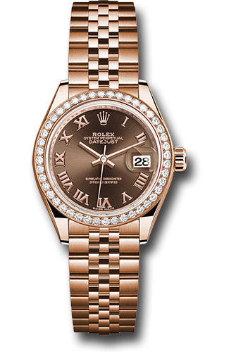 Rolex Everose Gold Lady-Datejust 28 Watch - 44 Diamond Bezel - Chocolate Roman Dial - Jubilee Bracelet - 279135RBR chorj