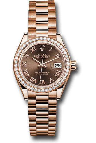 Rolex Everose Gold Lady-Datejust 28 Watch - 44 Diamond Bezel - Chocolate Roman Dial - President Bracelet - 279135RBR chorp