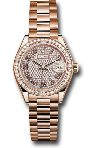 Rolex Everose Gold Lady-Datejust 28 Watch - 44 Diamond Bezel - Sundust Roman Dial - President Bracelet - 279135RBR dprp