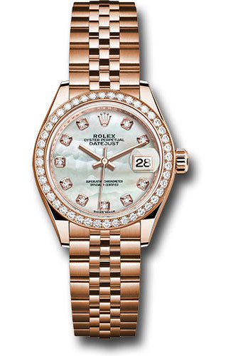 Rolex Everose Gold Lady-Datejust 28 Watch - 44 Diamond Bezel - Mother-of-Pearl Diamond Dial - Jubilee Bracelet - 279135RBR
