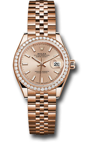 Rolex Everose Gold Lady-Datejust 28 Watch - 44 Diamond Bezel - Pink Sundust Index Dial - Jubilee Bracelet - 279135RBR pij