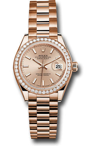 Rolex Everose Gold Lady-Datejust 28 Watch - 44 Diamond Bezel - Pink Sundust Index Dial - President Bracelet - 279135RBR pip