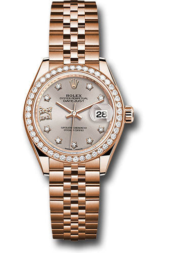 Rolex Everose Gold Lady-Datejust 28 Watch - 44 Diamond Bezel - Silver Sundust Diamond Star Dial - Jubilee Bracelet -