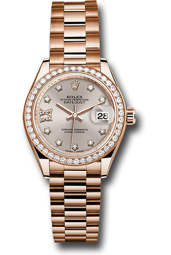 Rolex Everose Gold Lady-Datejust 28 Watch - 44 Diamond Bezel - Silver Sundust Diamond Star Dial - President Bracelet -