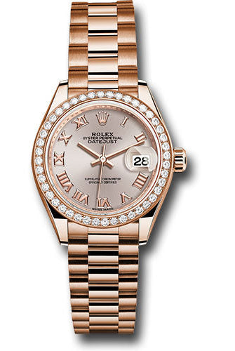 Rolex Everose Gold Lady-Datejust 28 Watch - 44 Diamond Bezel - Sundust Roman Dial - President Bracelet - 279135RBR srp