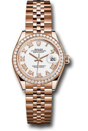 Rolex Everose Gold Lady-Datejust 28 Watch - 44 Diamond Bezel - White Roman Dial - Jubilee Bracelet - 279135RBR wrj