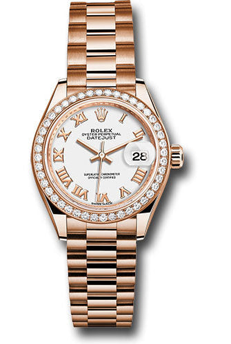 Rolex Everose Gold Lady-Datejust 28 Watch - 44 Diamond Bezel - White Roman Dial - President Bracelet - 279135RBR wrp