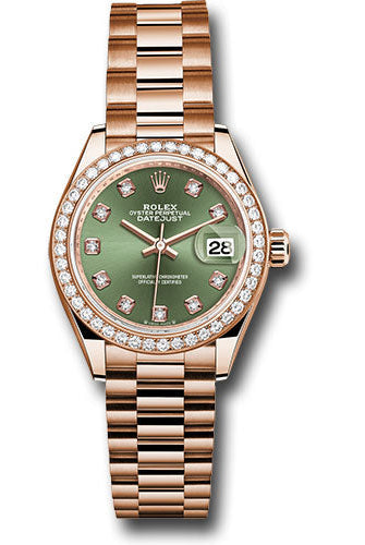 Rolex Everose Gold Lady-Datejust Watch - Diamond Bezel - Olive Green Diamond 6 Dial - President Bracelet - 279135rbr ogdp
