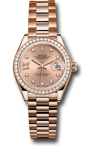 Rolex Everose Gold Lady-Datejust Watch - Diamond Bezel - Rose Star Diamond Roman 9 Dial - President Bracelet - 279135rbr