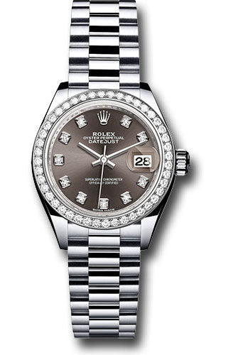 Rolex Platinum Lady-Datejust 28 Watch - 44 Diamond Bezel - Dark Grey Diamond Dial - President Bracelet - 279136RBR dkgdp