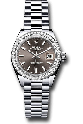 Rolex Platinum Lady-Datejust 28 Watch - 44 Diamond Bezel - Dark Grey Index Dial - President Bracelet - 279136RBR dkgip