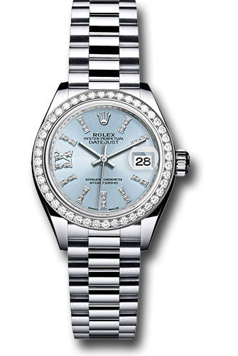 Rolex Platinum Lady-Datejust 28 Watch - 44 Diamond Bezel - Ice Blue Diamond Index Dial - President Bracelet - 279136RBR